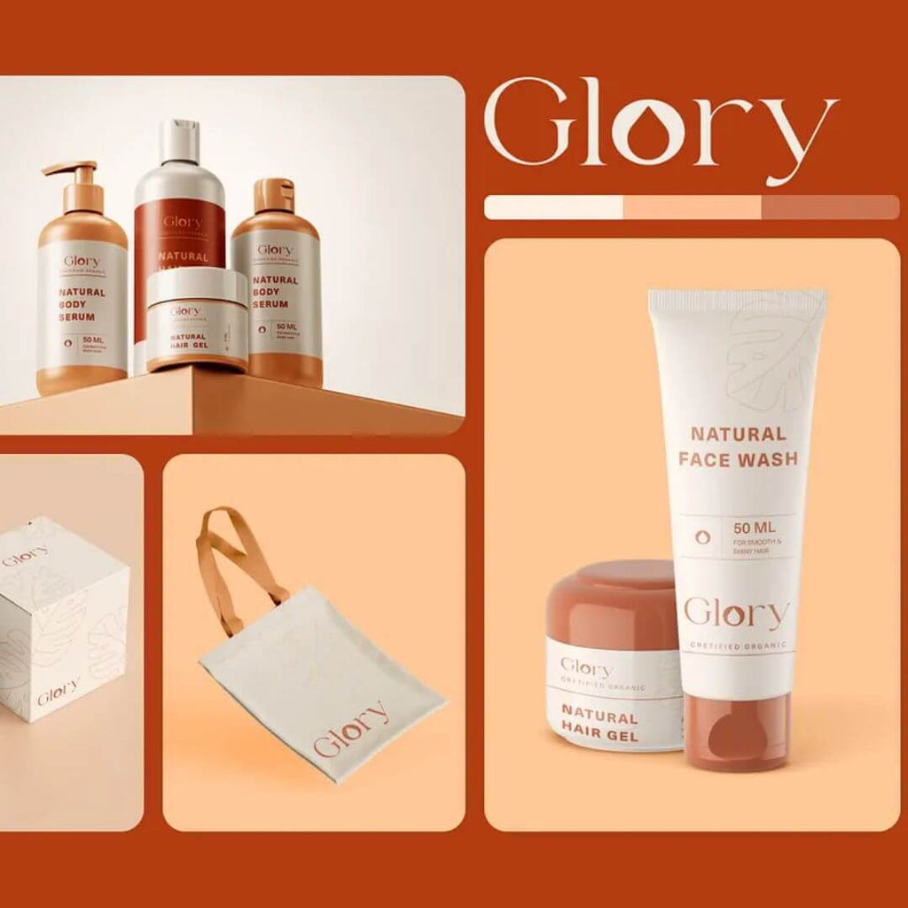 Branding - The Growth: Collection of Glory natural skincare products including face wash, hair gel, and serum.