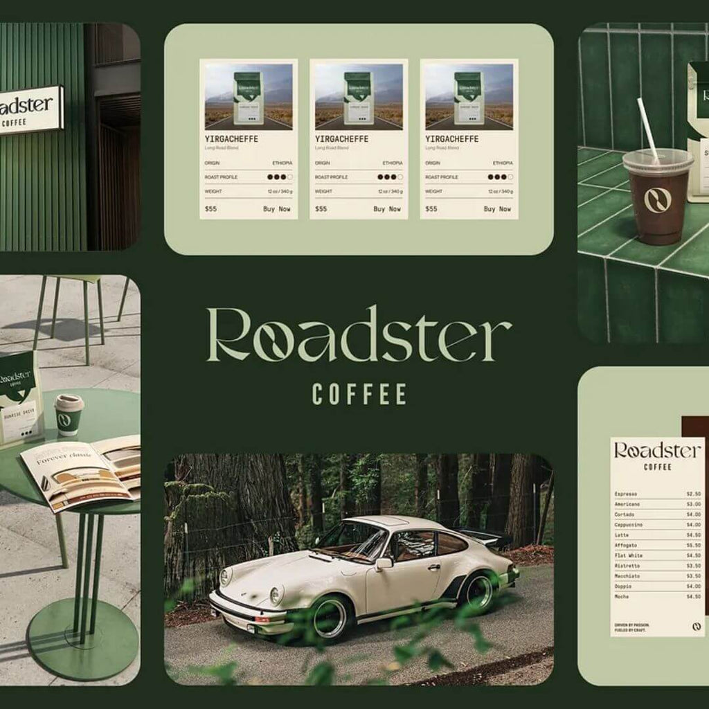 Branding - The Elite image showcasing Roadster Coffee branding elements, including logo, packaging, and product drafts.
