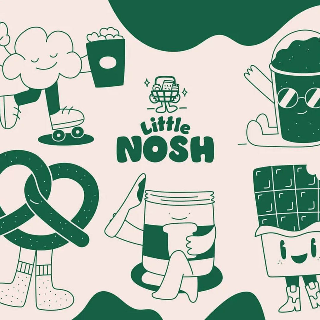 Colorful illustration featuring playful food characters representing Little Nosh snacks and drinks.